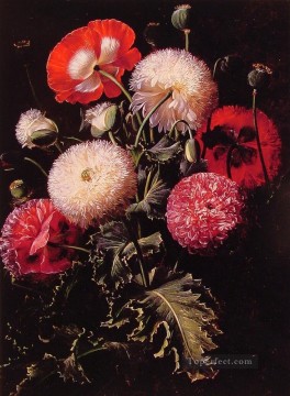  blanco - Naturaleza muerta con amapolas rojas y blancas rosas Johan Laurentz Jensen flor